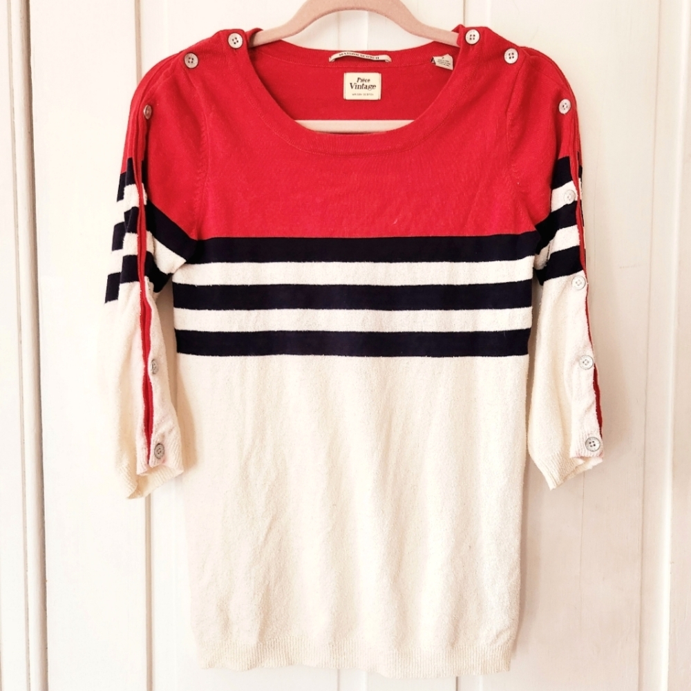 Maison Scotch Colorblock Nautical Stripe 3/4 Button Sleeve Scoop Neck Sweater
